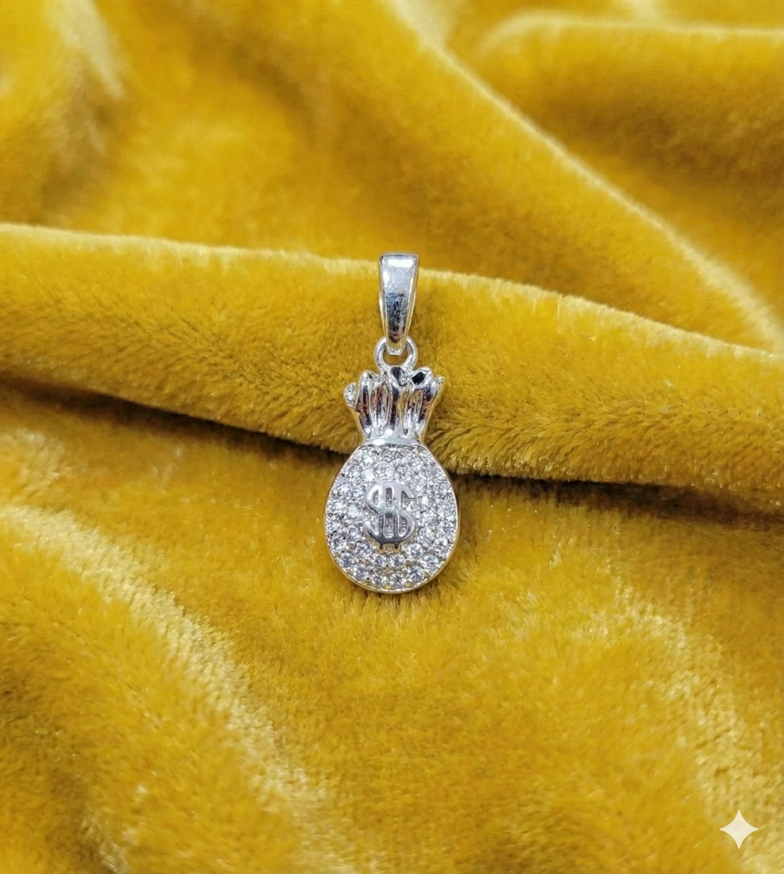 Dije Grueso Bolsa de Dinero Plata Ley 925 3 cm con Zirconias Blancas